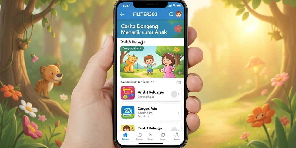 Antarmuka FILTER303 yang menampilkan daftar cerita dongeng yang menarik.