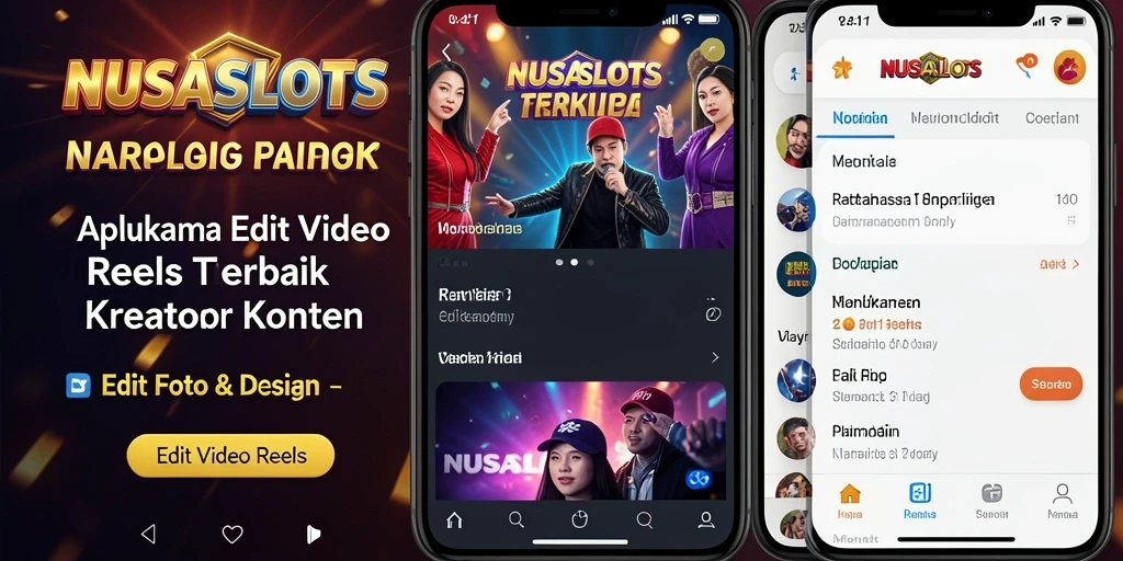 Antarmuka NUSASLOTS untuk pengeditan video reels yang modern dan menarik.